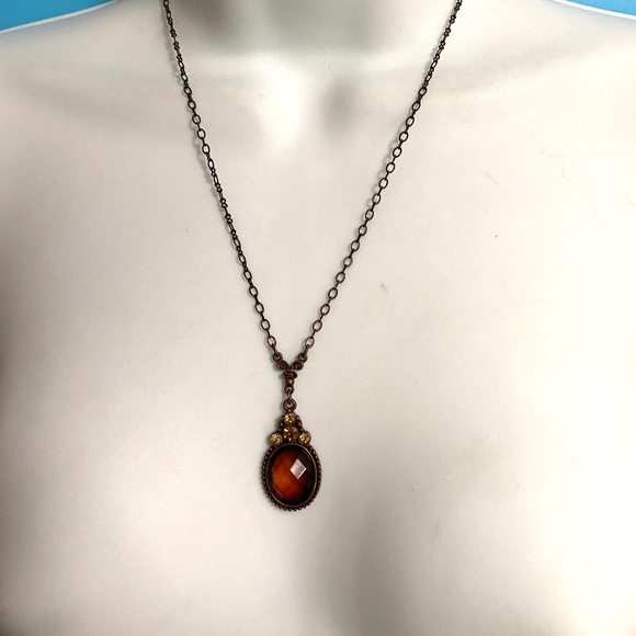 1928 Amber Faceted Colored Glass Cabachon Drop Necklace Antiqued Copper Tone - Picture 3 of 6